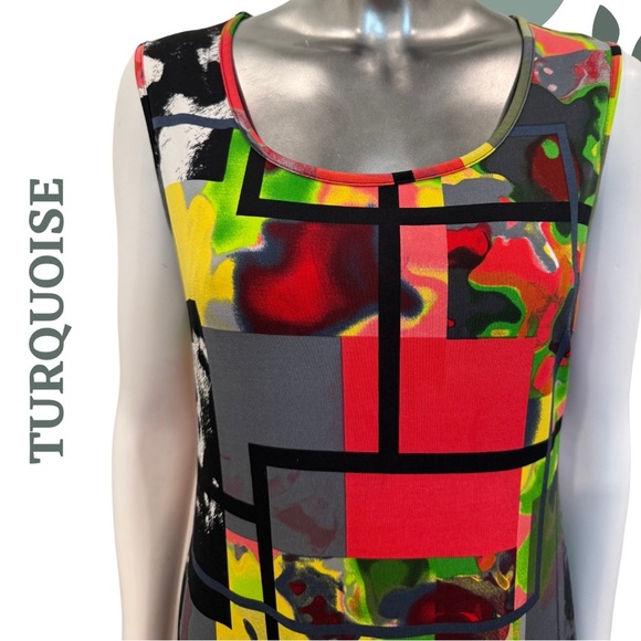 🛍️3/$40 Turquoise Multicolor Modern Art Dress | Graphic Sleeveless Fit | Medium - Picture 5 of 7